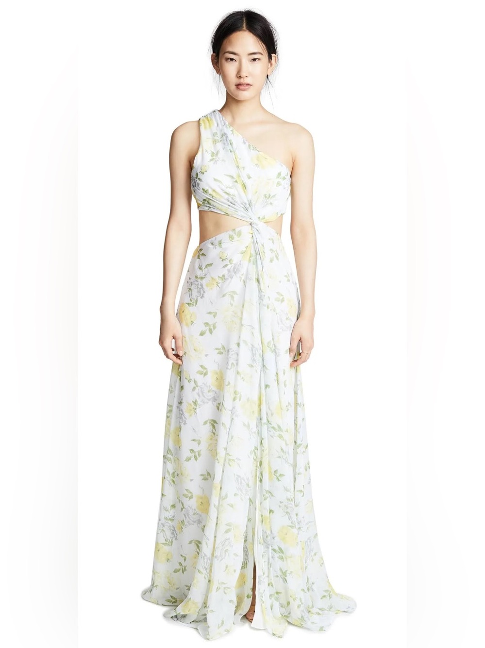 Cinq à Sept Goldie Silk Floral Cut Out One-Shoulder Maxi Dress Gown Gardenia 6